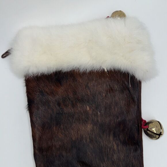 Handmade Cowhide Brown Christmas Stocking Rabbit Fur 20" Western Cowgirl Boho - Picture 5 of 10
